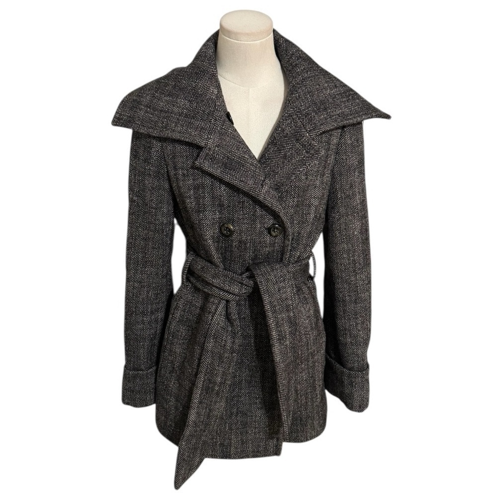 Massimo Dutti Belted Wool Pea Coat Brown Black S M 42 34 Long Trench Herringbone